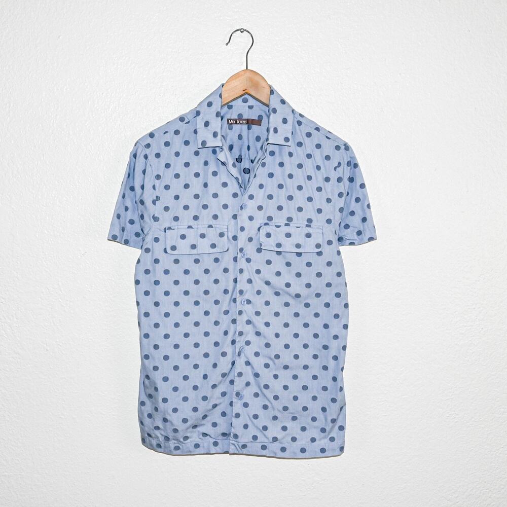 MR TURK Men's Short Sleeve Button Down Shirt Blue Polka dot Print fit Small